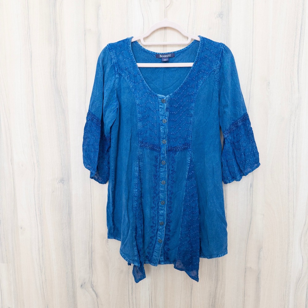 Womens Embroiodered Tunic Top 12W Blue Button Front Boho Peasant Artsy Hippie